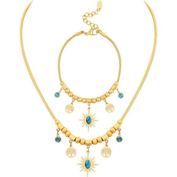 Bohemian Sun & Tree of Life Turquoise Charm Necklace and Bracelet Set - Picture 1 of 7